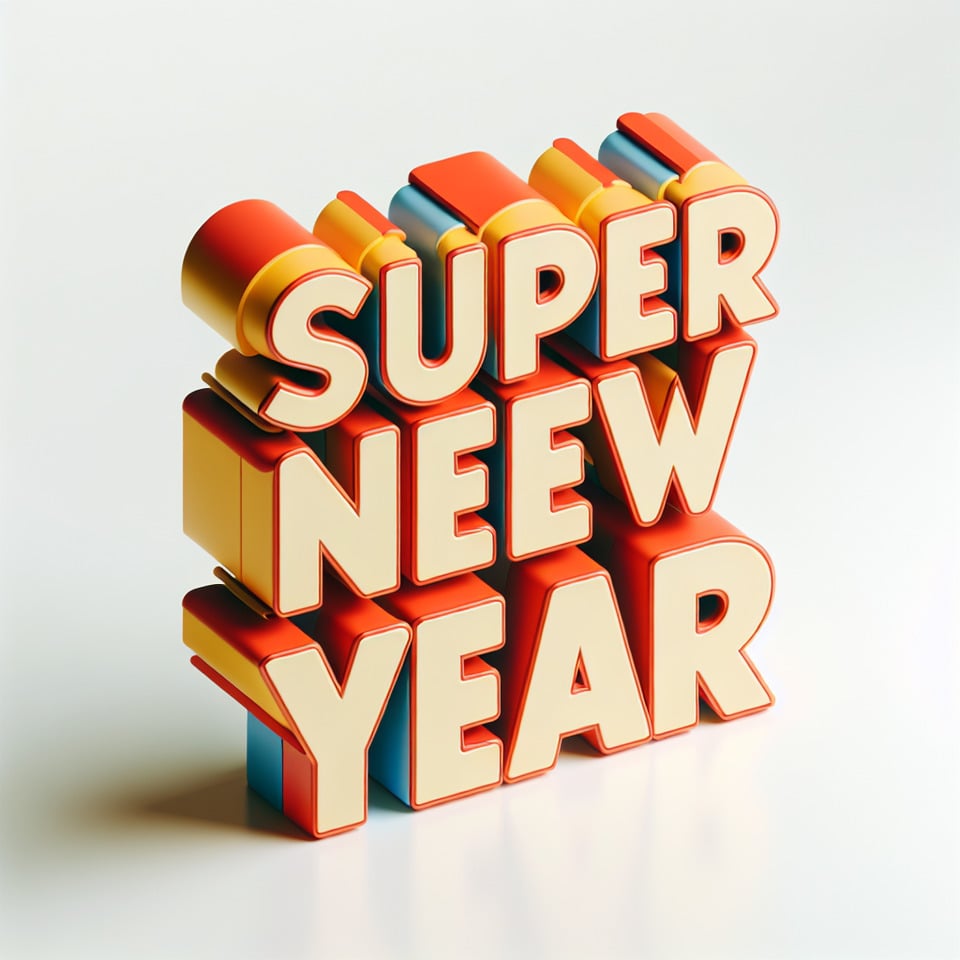 Pixar style text SUPER NEW YEAR font,on white background text effect image