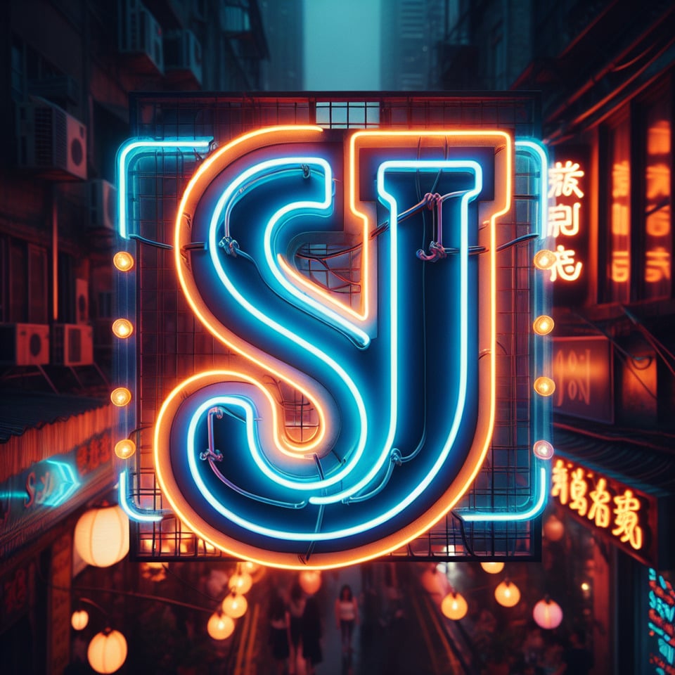 寶藍色搭配橘色的霓虹燈,形成的文字SJ text effect image
