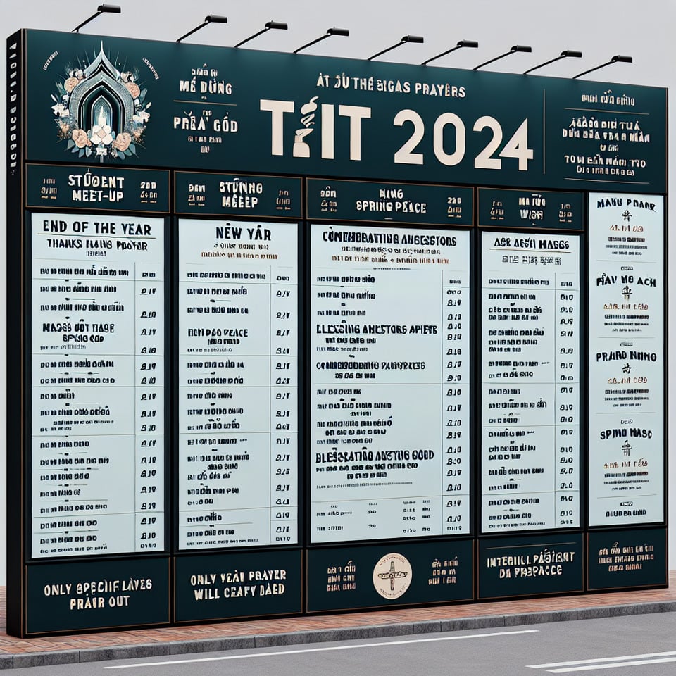 Chương Trình,TẾT GIÁP THÌN - 2024,Thứ Năm08/02/2024Họp mặt Học Sinh – Sinh Viên, 17h45: Thứ NămTuần V Mùa Thường Niên.,Thứ Sáu09/02/2024 – 30 TẾT,18g00: Lễ Tất Niên – Chầu Thánh Thể Tạ ơn cuối năm.,Thứ Bảy10/02/2024 – MỒNG MỘT TẾT - CẦU BÌNH AN NĂM MỚI.,06g30: Thánh Lễ - Tôn vinh Chúa Xuân - Hái lộc xuân – Vui Xuân.,18g00: Thánh Lễ - Hái lộc xuân,Chúa Nhật11/02/2024 – MỒNG HAI TẾT - KÍNH NHỚ TỔ TIÊN VÀ ÔNG BÀ CHA MẸ - NGÀY QUỐC TẾ BỆNH NHÂN.,06g30: Thánh lễ và nghi thức Xức Dầu Bệnh Nhân.,18g00: Thánh lễ trước nhà chờ Phục Sinh.,Thứ Hai12/02/2024 – MỒNG BA TẾT - THÁNH HÓA CÔNG ĂN VIỆC LÀM.,06g30: Thánh lễ,Thứ Tư14/02/2024. MỒNG NĂM TẾT - LỄ TRO.,06g30: Thánh lễ,18g00: Thánh lễ ,Lưu ý: Các Thánh Lễ chỉ đọc Kinh: Chúa Thánh Thần – Tin – Cậy – Mến – Sấp Mình.,tạo một bảng thông báo in ấn được kích thước ngang 1,5mcao 2,4mposter text effect image