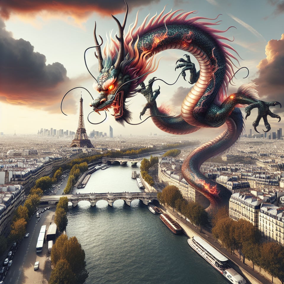 Paris city view as background; a Chinese dragon flies over the city. text effect image