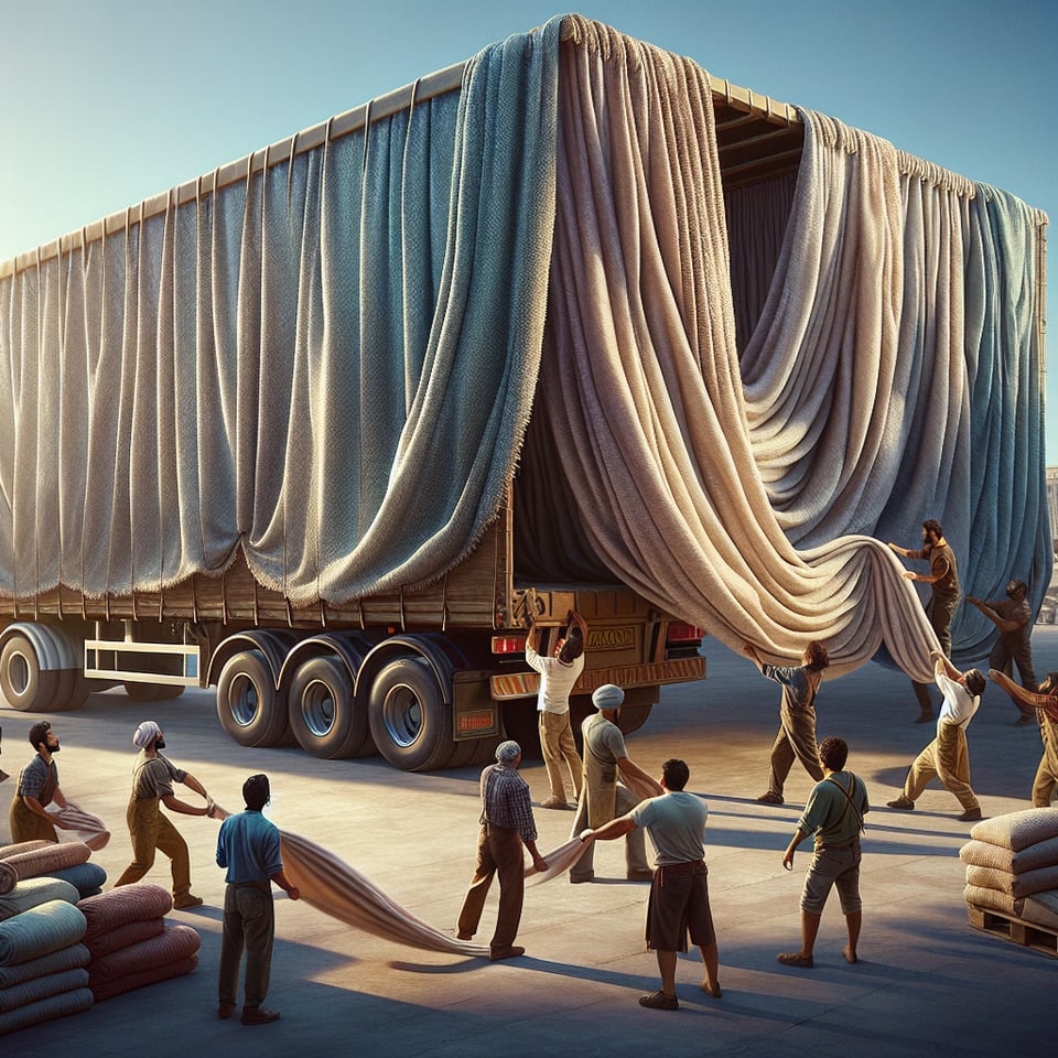 Create a picture add a truck and som men and loding som cortan in the truck text effect image