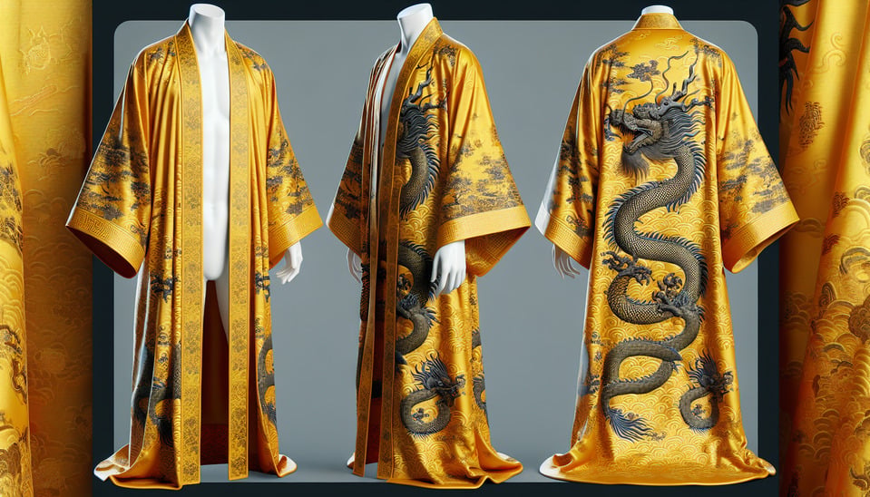 A Chinese style full body 3d yellow robe with a dragon pattern on it text effect image