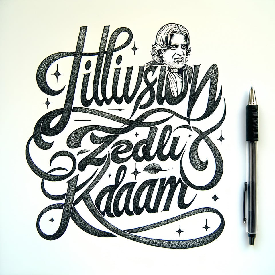 write Abdul Kalam word + illusion add zealsparkle combine word handwriting style in the white paper and simple pan styleillustration text effect image