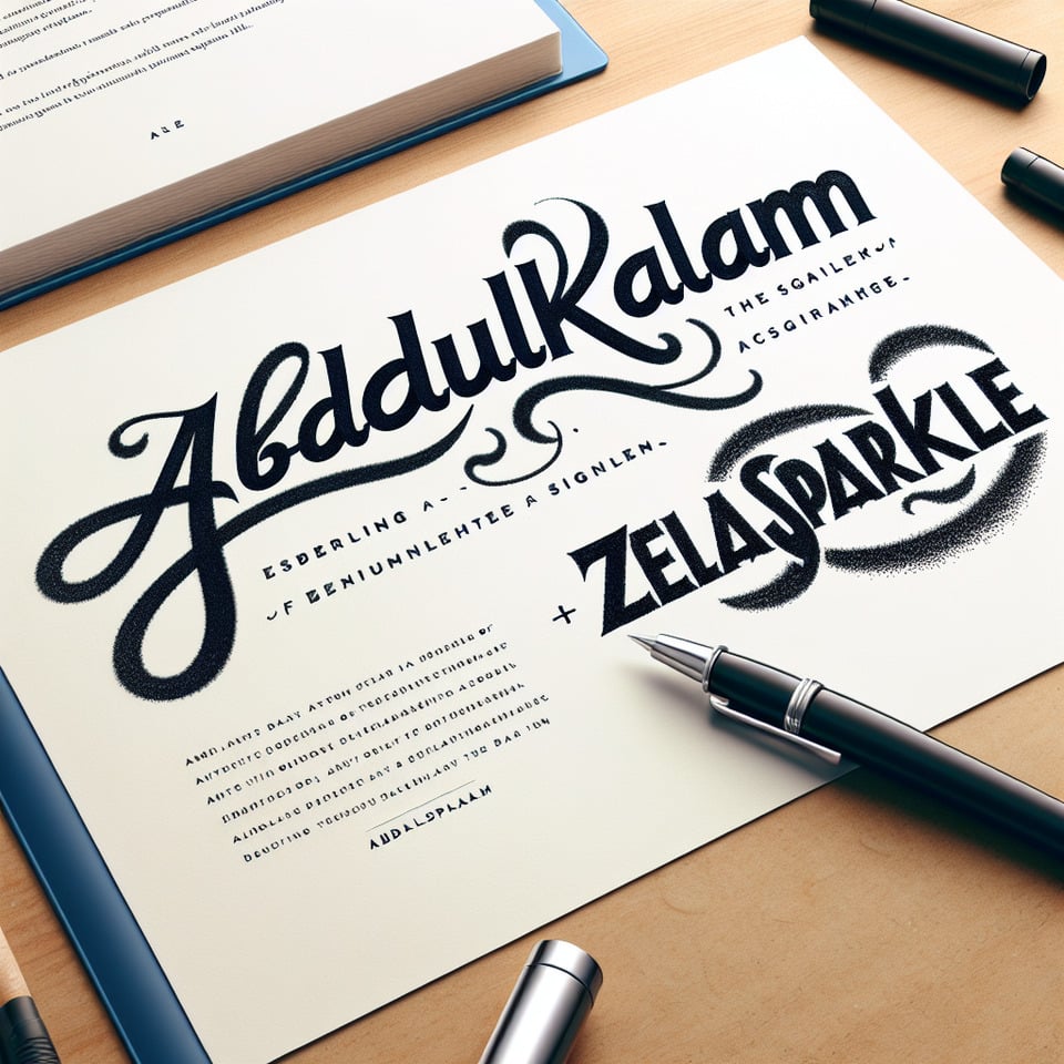 Generate a distinctive text-style signature by combining the two words 'AbdulKalam' and 'ZealSparkle' into a singlevisually appealing unit. Emphasize a handwriting aesthetic to enhance the uniqueness of the signature. The focus should be on creating a seamless fusion that allows 'AbdulKalam' to dominate while incorporating the essence of 'ZealSparkle text effect image