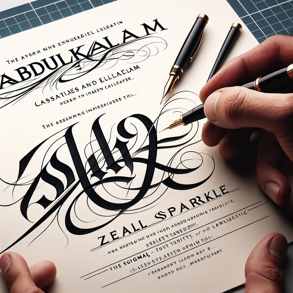Create a stylish text signature by merging 'AbdulKalam' and 'ZealSparkle' into a single word. Utilize the technique of crafting lines that naturally enhance the look of stylish wordssimilar to the approach used in a men's signature. Pay attention to creating an illusion within the linesensuring that 'ZealSparkle' becomes visible upon careful inspection text effect image