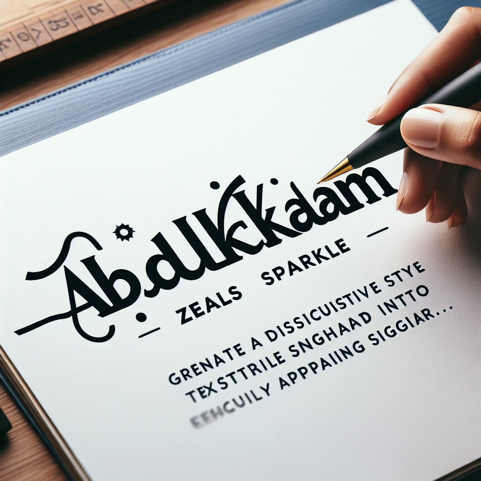 Create a stylish text signature by merging 'AbdulKalam' and 'ZealSparkle' into a single word. Utilize the technique of crafting lines that naturally enhance the look of stylish wordssimilar to the approach used in a men's signature. Pay attention to creating an illusion within the linesensuring that 'ZealSparkle' becomes visible upon careful inspection Generate a distinctive text-style signature by combining the two words 'AbdulKalam' and 'ZealSparkle' into a singlevisually appealing unit. Emphasize a handwriting aesthetic to enhance the uniqueness of the signature. The focus should be on creating a seamless fusion that allows 'AbdulKalam' to dominate while incorporating the essence of 'ZealSparkle.' Avoid excessive elementsensuring clarity and simplicity in the final design. text effect image