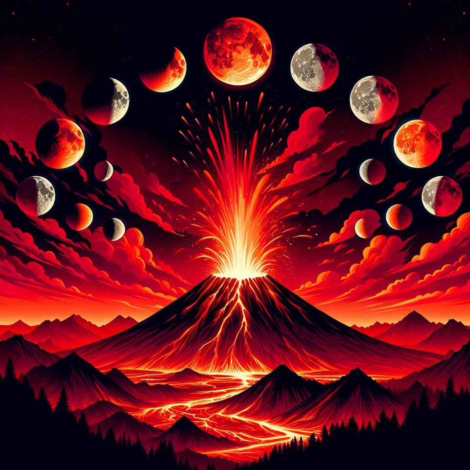 haz un volcan en erupcion con lunas en sus fases y el cielo rojo text effect image