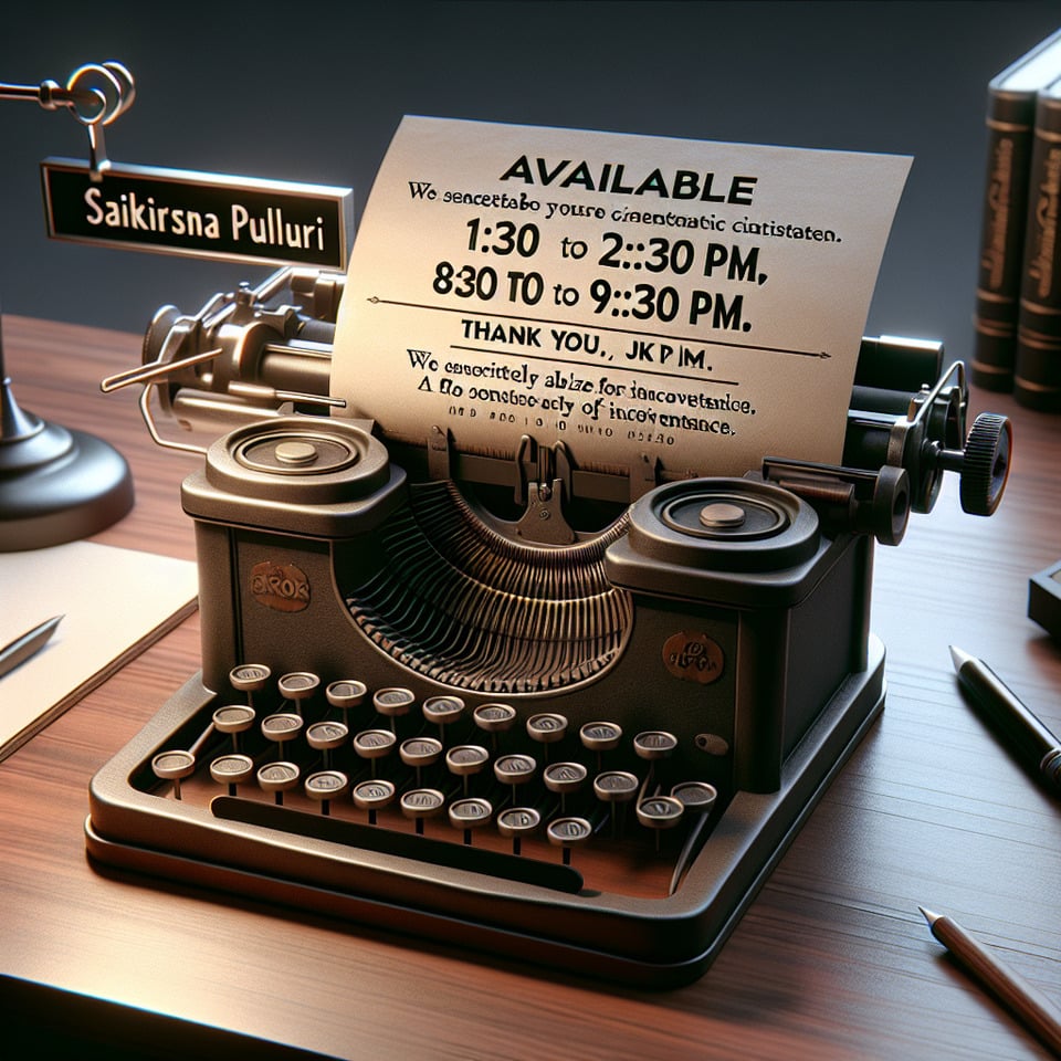 It will be my pleasure to answer every message or call in between ,,1:30 to 2:30pm or ,,8:30 to 9:30pm or,,11:30 pm and there after,,Please accept our deepest apologies for the inconvenience caused.,,Thanks & Regards,,Saikrishna Pulluri,,JK & Co.cinematicillustration3d rendertypographyposter text effect image