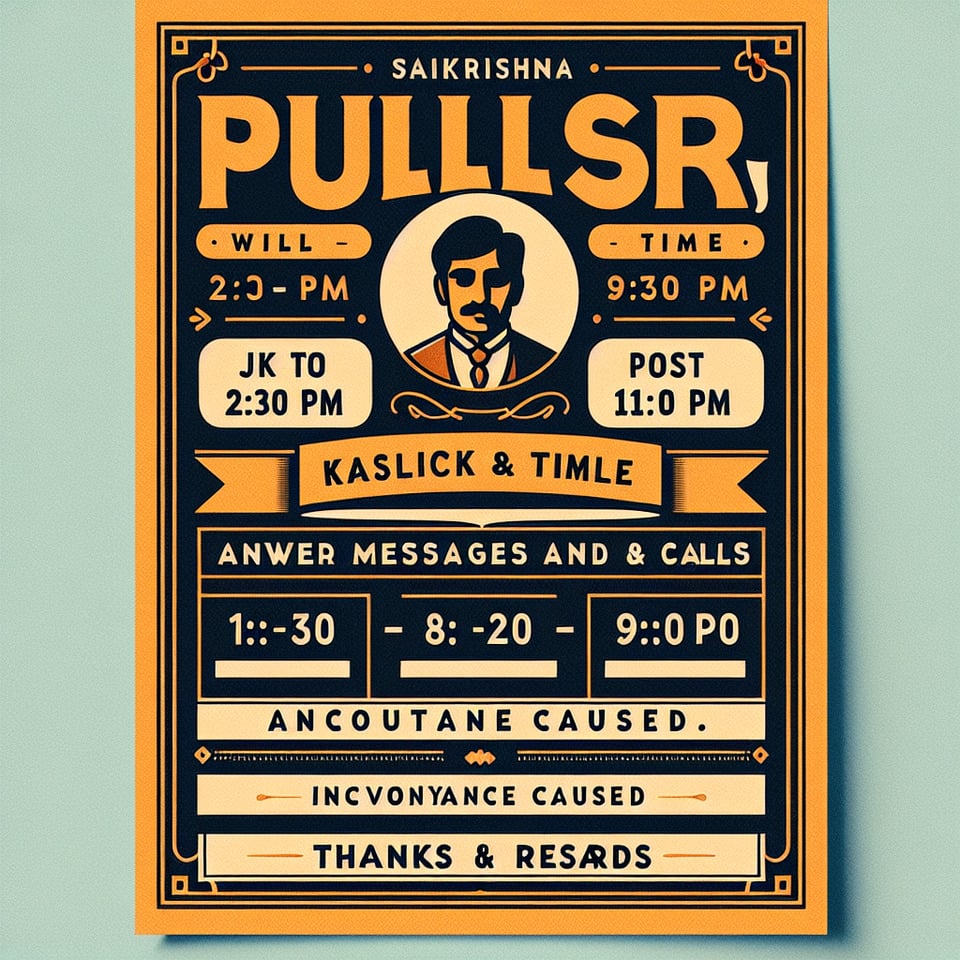 It will be my pleasure to answer every message or call in between ,,1:30 to 2:30pm or ,,8:30 to 9:30pm or,,11:30 pm and there after,,Please accept our deepest apologies for the inconvenience caused.,,Thanks & Regards,,Saikrishna Pulluri,,JK & Co.poster text effect image