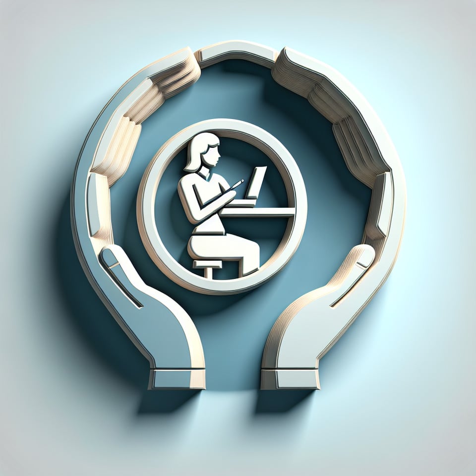 LOGO OF TWO HAND MAKING ROUND SHAPE AND A WOMAN DOING WORK BETWEEN ON IT 3d render text effect image
