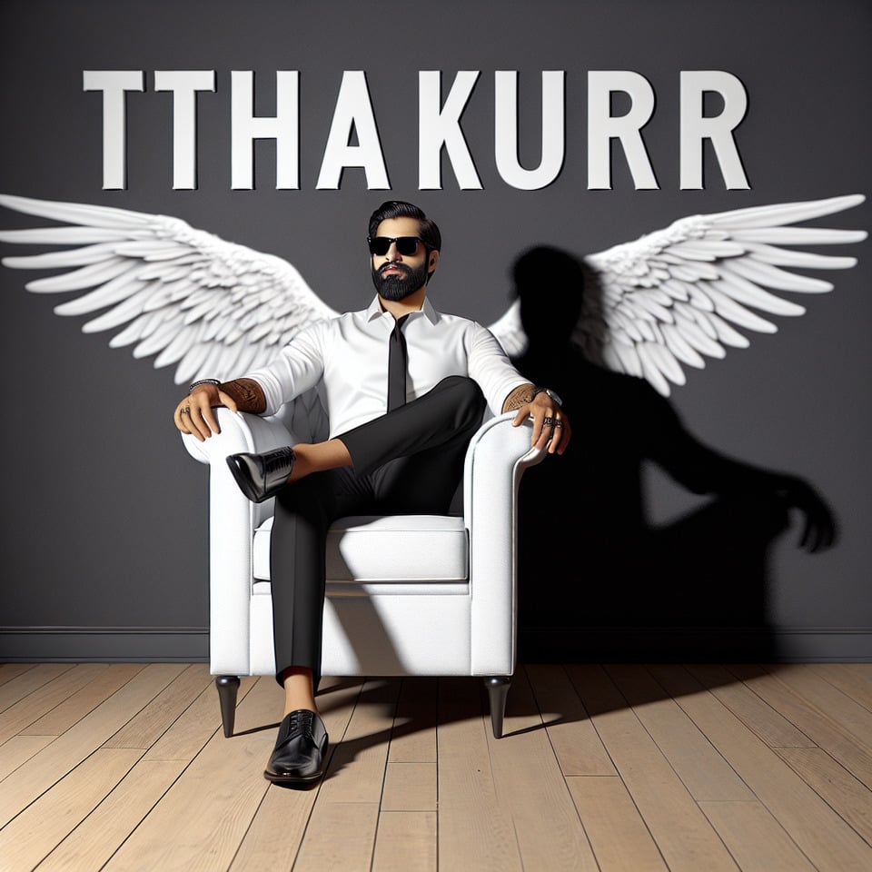 Creat a 3D illusion where a man in beard in white shirt and black pant sit on a white wingback chair wearing a black sunglasses. He looks ahead. The background features Thakur in white capital letters at black wall. There should not be his shadow and there are wings to make it appear as if he is an angel.3d render text effect image