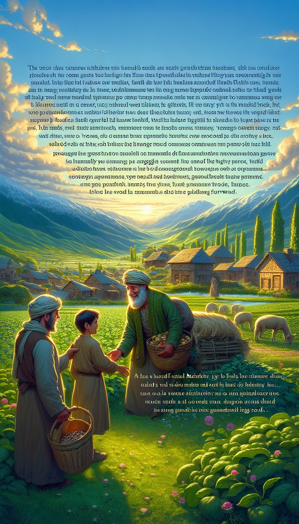 Title: The Kindness of Strangers,,Once upon a timein a small village nestled amidst lush green meadowslived a humble farmer named John. He was known far and wide for his kind heart and willingness to help others. Despite his own strugglesJohn always made time to lend a hand to those in need.,,One sunny morningas John was tending to his cropshe noticed a weary traveler approaching him. It was a young man named Jackwho had lost his way on his journey. Recognizing the distress in Jack's eyesJohn offered him a warm smile and invited him into his home.,,With genuine concernJohn provided Jack with foodshelterand directions to his intended destination. Jack was overwhelmed by John's generosityespecially considering they were strangers. Grateful for the kind gesturehe asked John how he could repay such kindness.,,John simply repliedMy dear friendall I ask is that you pay this kindness forward whenever you encounter someone in need.,,Moved by John's wordsJack promised to honor his request. He thanked John profusely and continued his journeycarrying the invaluable lesson of compassion in his heart.,,Years passedand Jack became a prosperous merchantamassing wealth and gaining influence. Howeverhe never forgot the lesson he learned from John. Everywhere he traveledhe would offer assistance to anyone he encounteredjust as John had done.,,As word spread about Jack's acts of kindnessothers were inspired to do the same. Compassion began to spread throughout the land like wildfire. Strangers started helping strangerslending a hand without expecting anything in return.,,The village where John resided witnessed this inspiring change firsthand. They realized that it was John's simple act of kindness that had ignited a spark of humanity within them.,,And sothe village collectively decided to honor John's selflessness by erecting a statue in his memorya symbol of the kindness that had transformed their community. The statue served as a constant reminder to always be compassionate and generous towards othersregardless of their circumstances.,,The moral of this story is that an act of kindnessno matter how smallcan have a ripple effect that transforms communities and inspires people to become better versions of themselves. Let us never underestimate the power of compassion in shaping a more harmonious world. text effect image