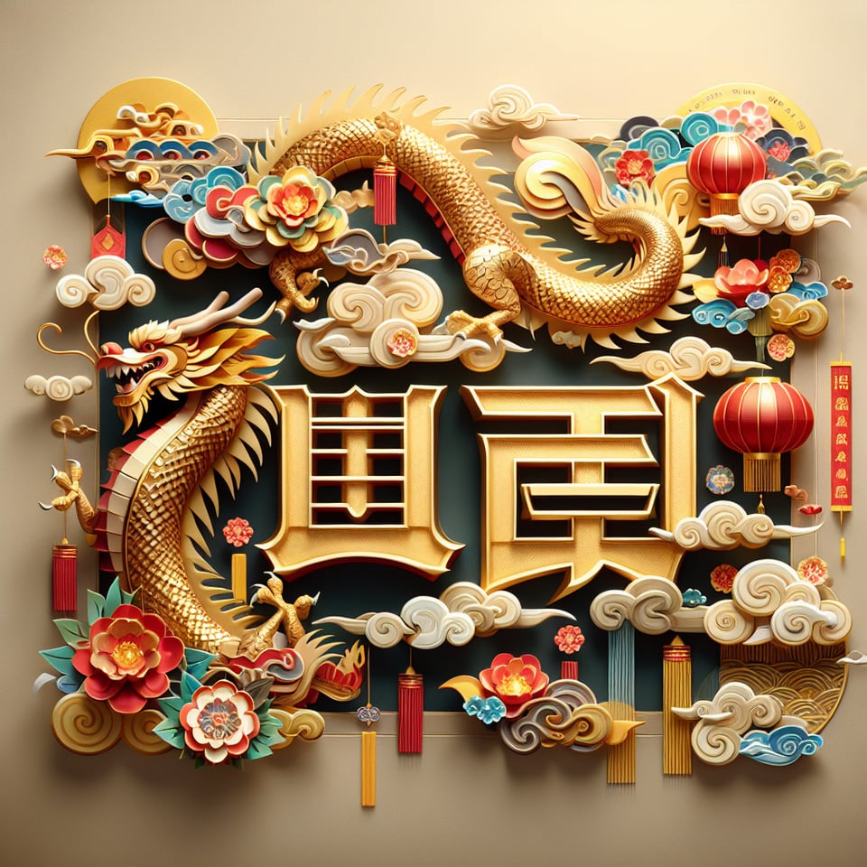文字「甲辰龍年」豪華文字效果,中國剪紙風3D背景,金色與紅色細膩畫風,有雲彩,天燈,花朵,煙火,彩帶 text effect image