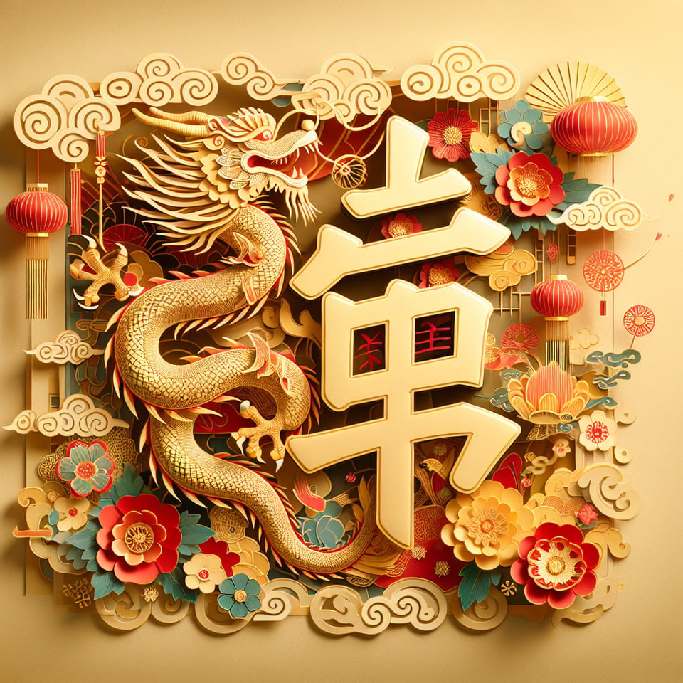 文字「龍」豪華文字效果,中國剪紙風3D背景,龍,金色與紅色細膩畫風,有雲彩,天燈,花朵,煙火,彩帶 text effect image