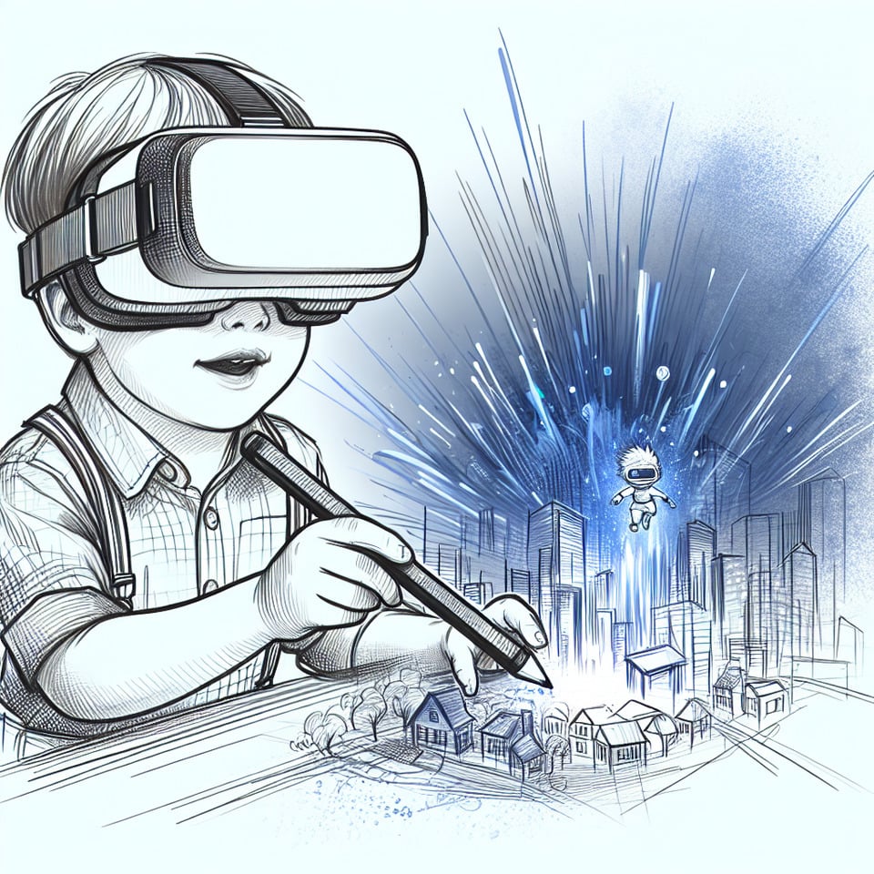 vẽ cho tôi đứa trẻ đang chơi VR cảm xúc hơnillustration text effect image