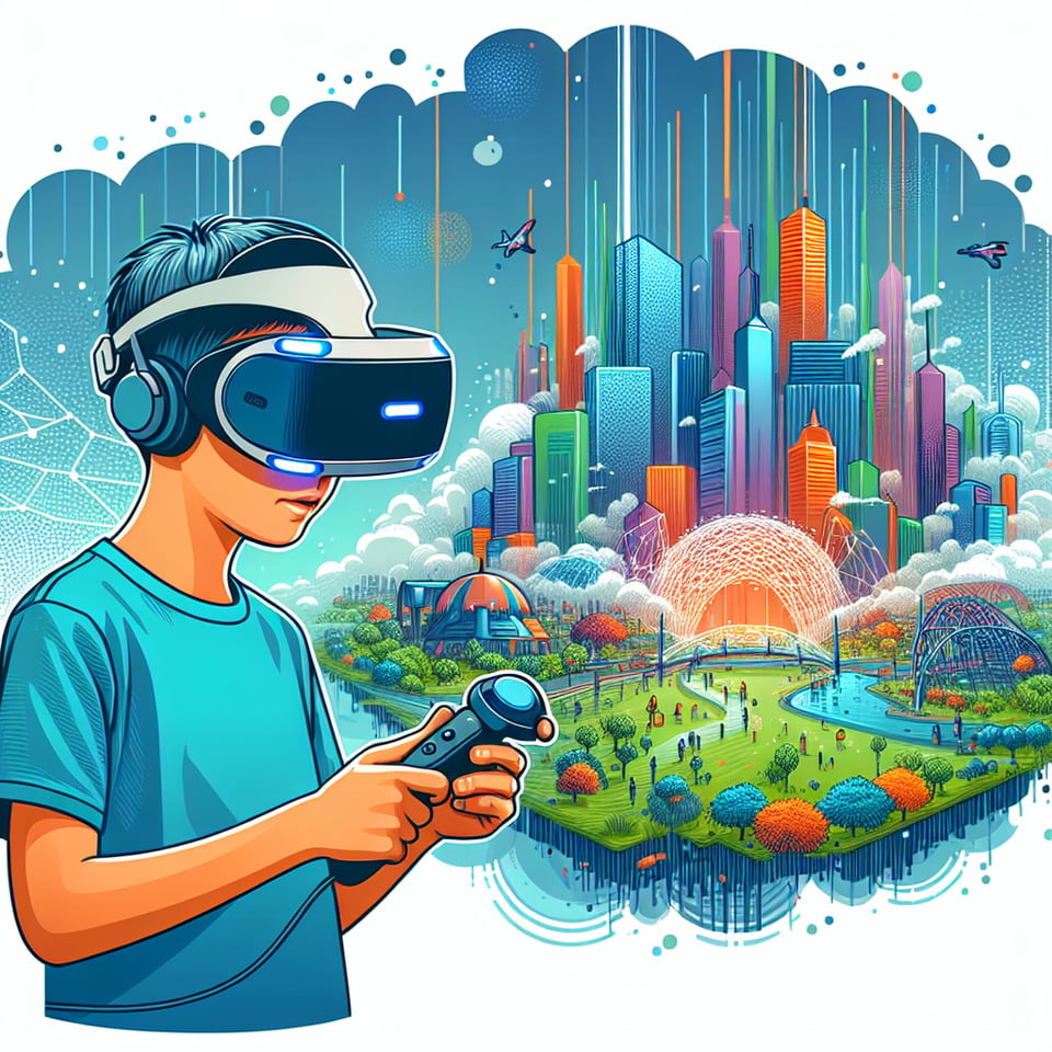 vẽ cho tôi một cậu bé đang sử dụng VR đang vẽ một thành phố mơ ước định dạng vectorillustration text effect image