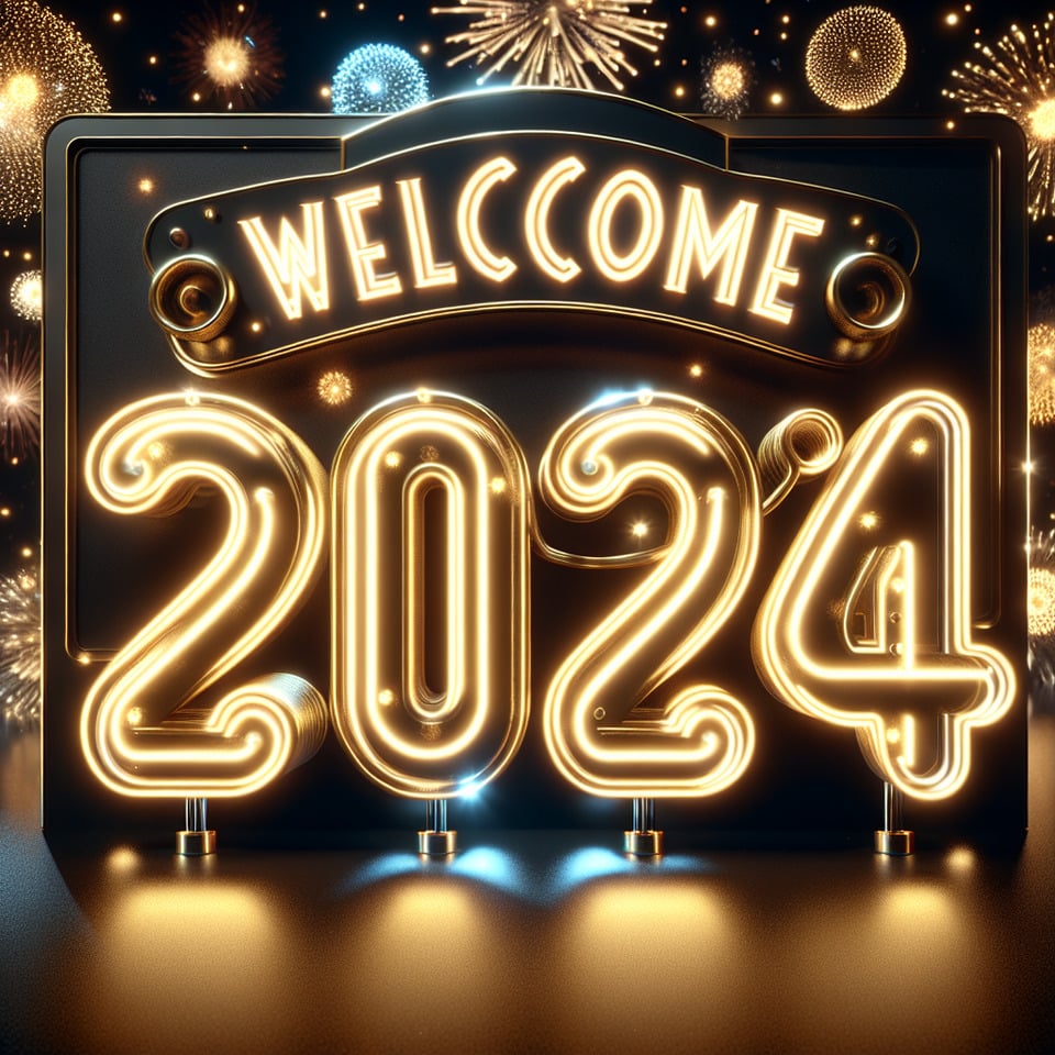 large text Bem Vindo 2024 elegant letters in golden neonbackground with fireworksglowing number 2024neon lights and party atmosphere3d rendering3d rendertypographyphotovibrantdark fantasyproductfashion text effect image