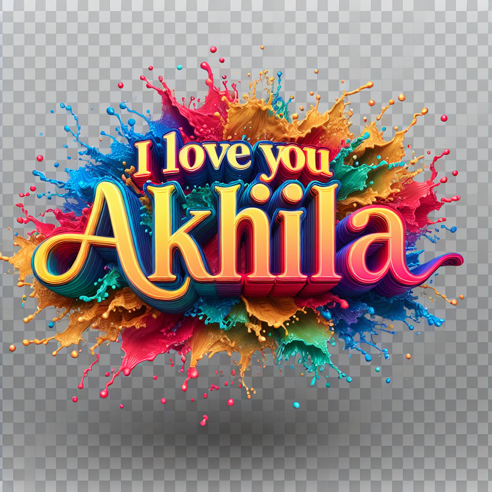 Text I LOVE YOU AKHILA colorful splash 3d text and smoky transparent backgroundRealistic detailed view. text effect image