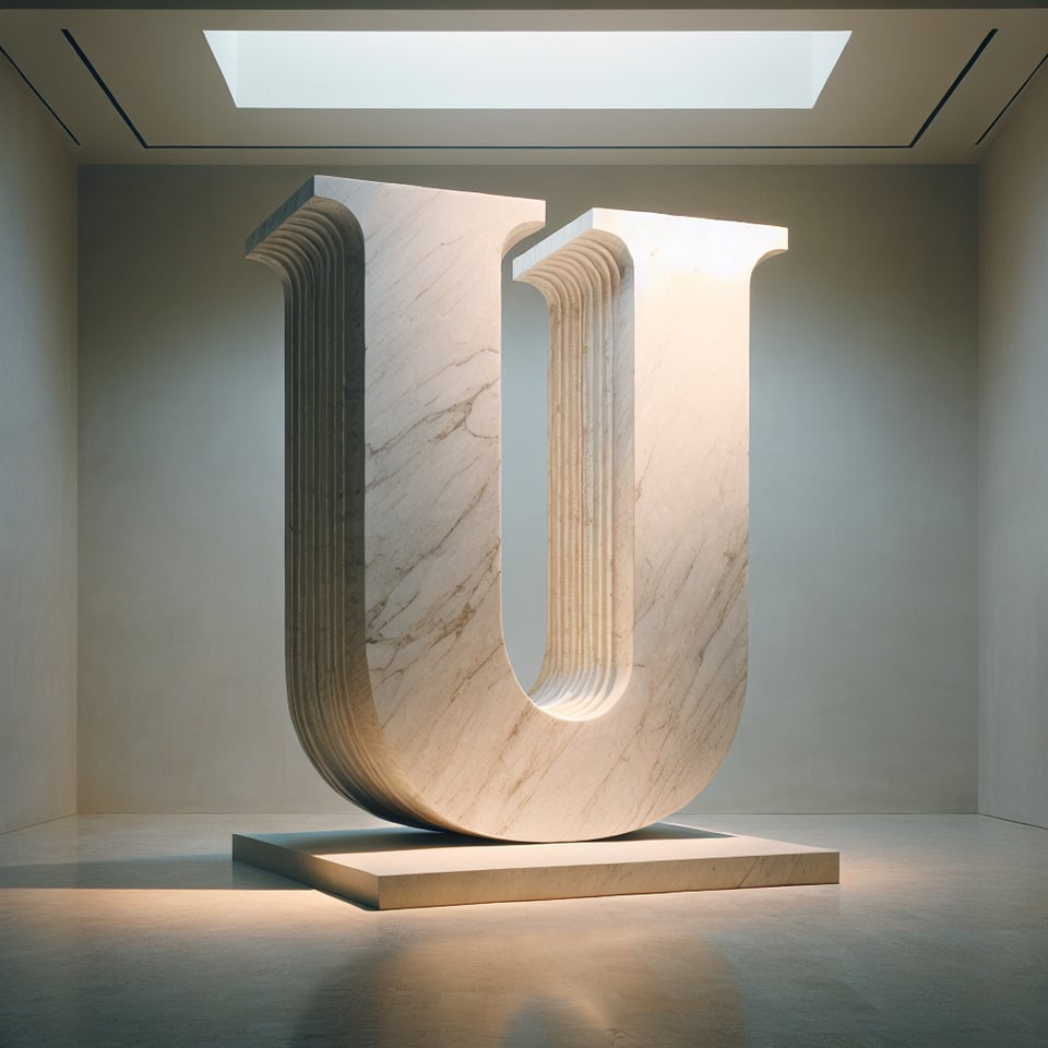 bold alphabet U alphabet I carved in 3d marble sculpture half chiseled 6m lighting kept against a faint art gallery background text effect image