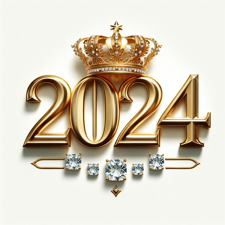 text 2024 golden luxury text effect with crown and diamond on white background text effect image