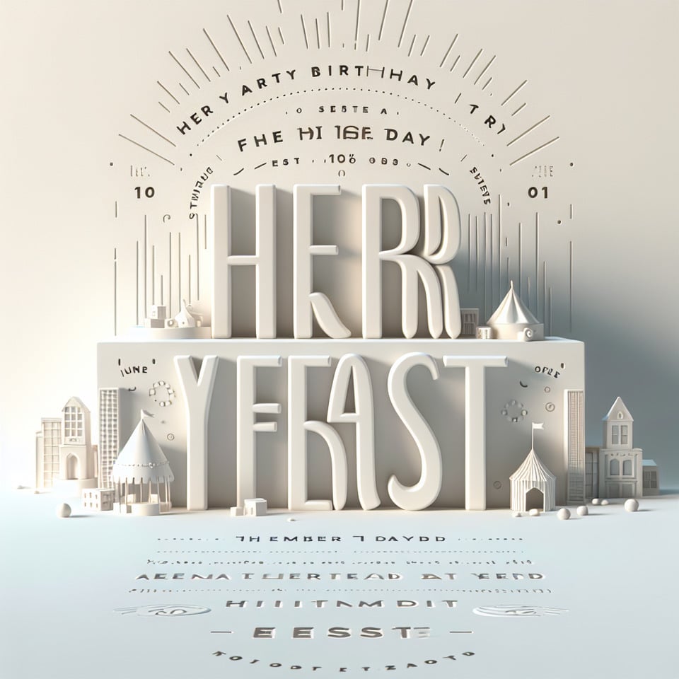 text 'HER FIRST YEAR FEST' this is for birthday party titlewith plain white backgroundsimple attractive text font cinematicillustration3d rendertypography text effect image