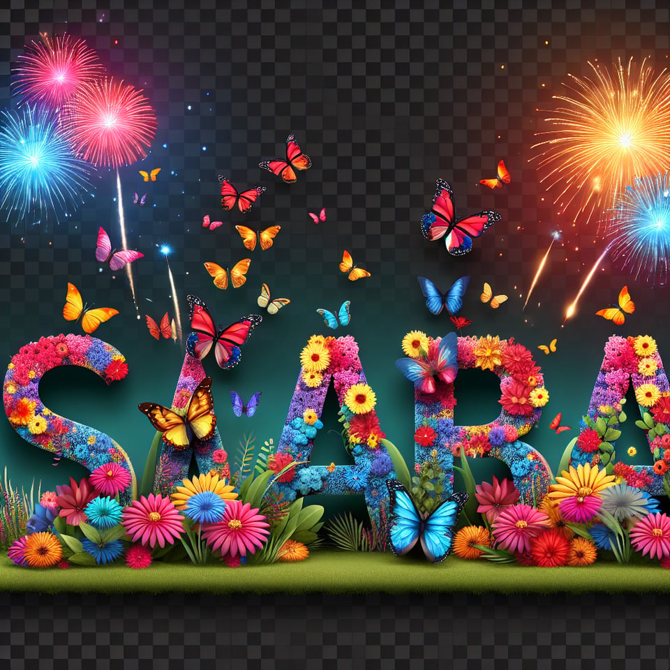 Write SABA with butterfliesflowers and fireworks effect but remove background text effect image