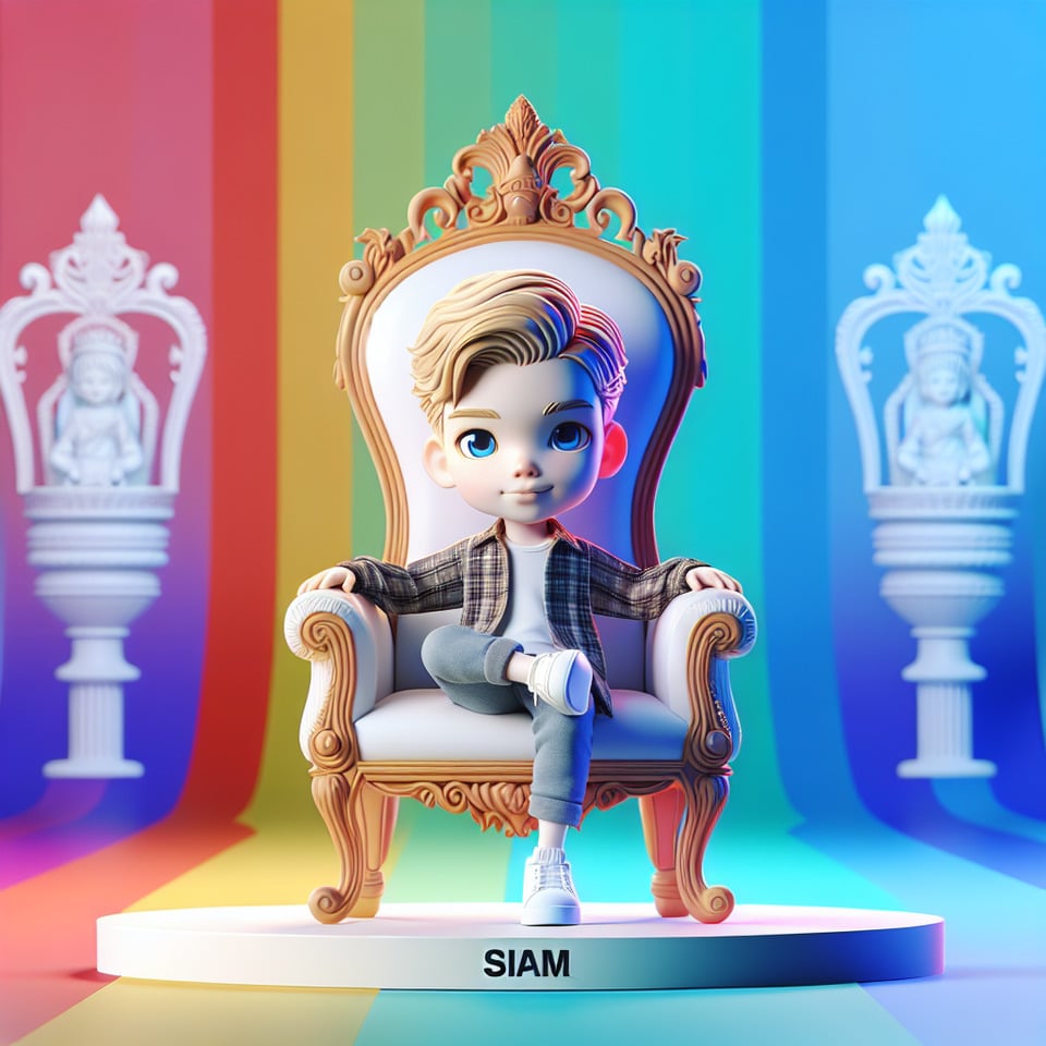 A 3d boy sitting on king chair name with SIAM with gradint backgroumd text effect image