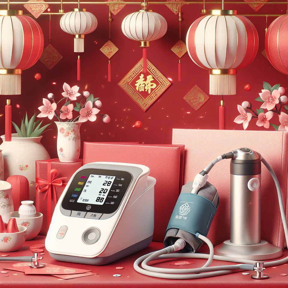 一個與血壓計、氧氣機等居家保健品有關的過年賀卡 text effect image