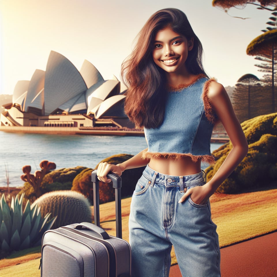 Indian Girl Wear Jean Top with Trolly Bag & Background Austalia text effect image