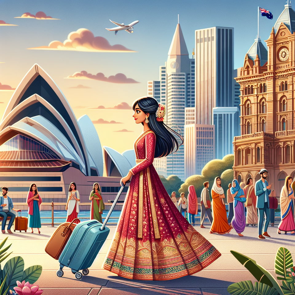 Indian Girl Wear Dress Long with Trolly Bag & Background Austalia text effect image