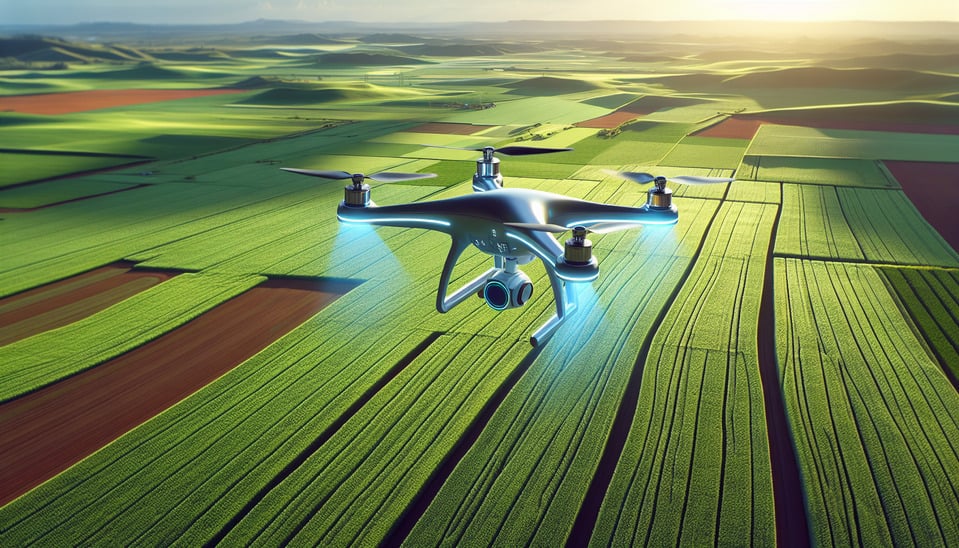 An AI-powered drone flying over vast farmlandcapturing vibrant fields and delivering real-time data. text effect image