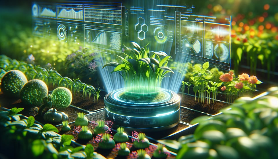 A close-up shot of crops being analyzed by an AI-powered deviceshowcasing precision and advanced data processing. text effect image