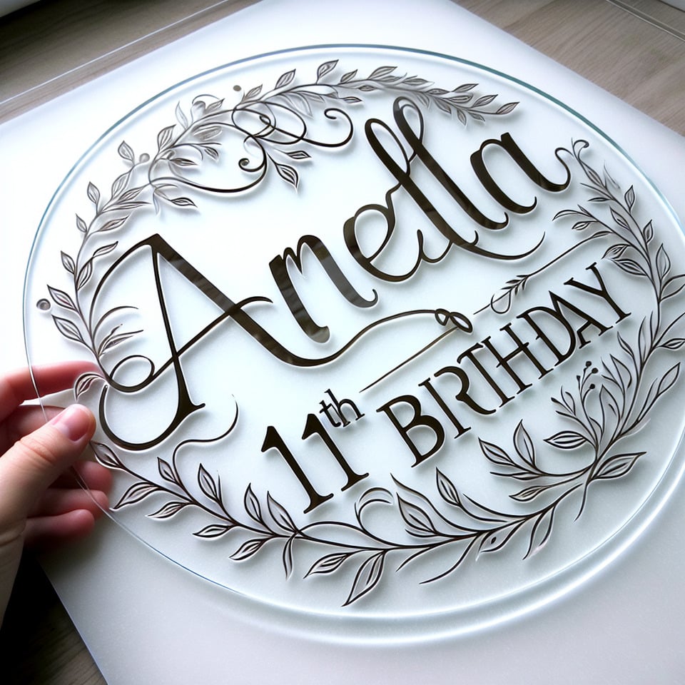 Text Amelia 11th Birthday nice curvy font with fine simple floral leaves vine border for round clear acrylic backdrop text effect image