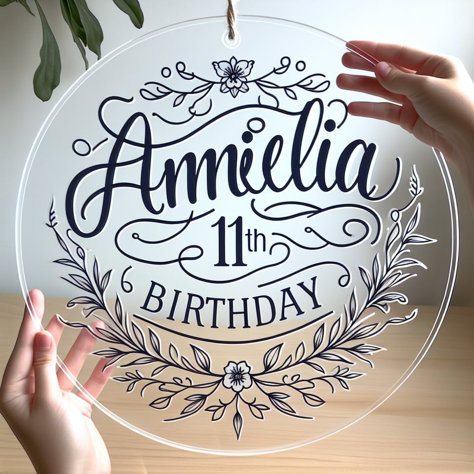 Text Amelia 11th Birthday nice curvy font with fine simple floral leaves vine border svg for round clear acrylic backdrop text effect image