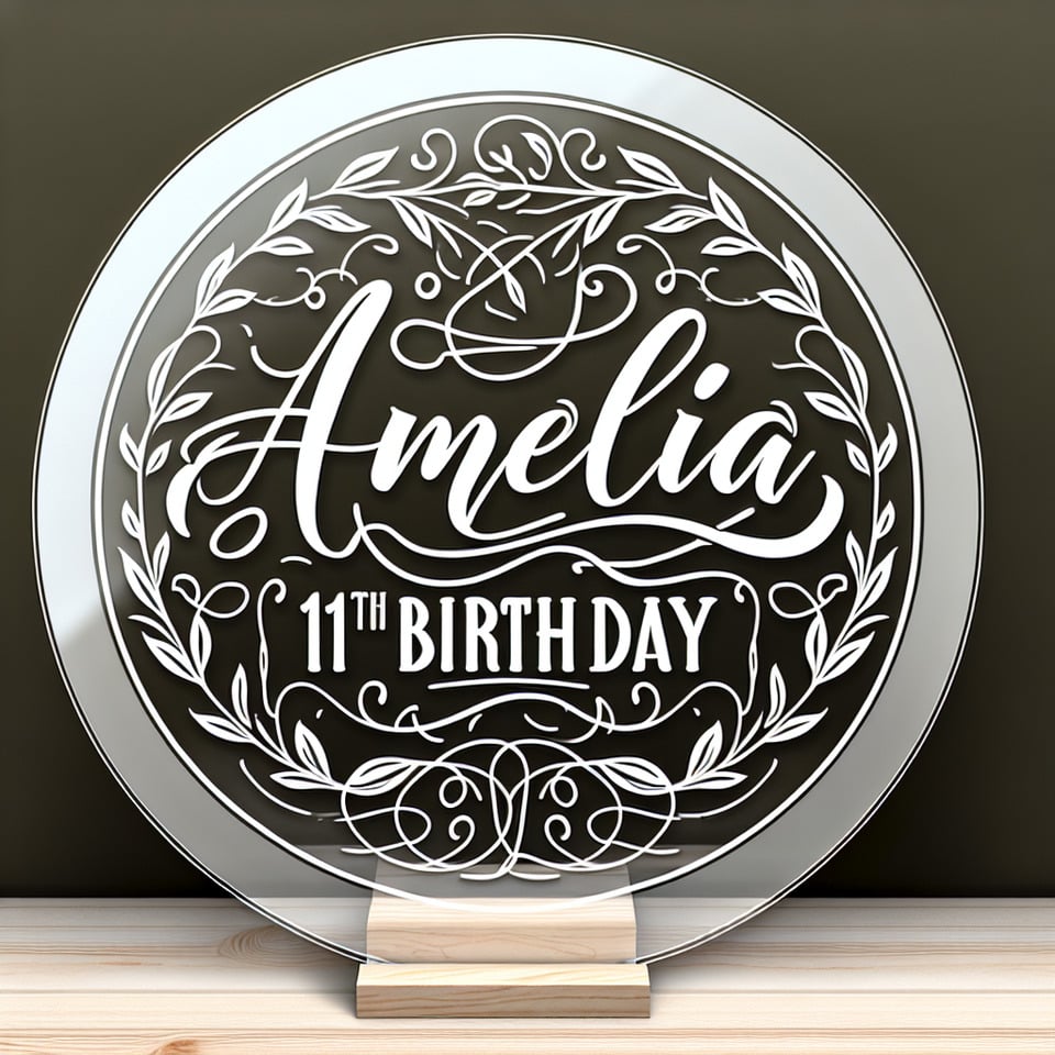 Text Amelia's 11th Birthday nice structure curvy font with fine line simple floral vine border svg file for round clear acrylic backdrop text effect image