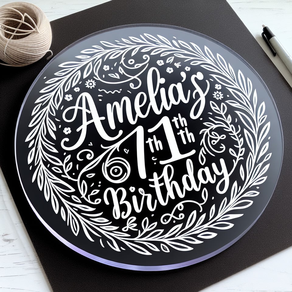 Text Amelia's 11th Birthday standout nice structure curvy font for Ameliafine thin handwriting font for 11th birthday with simple floral vine border svg file for round clear acrylic backdrop text effect image