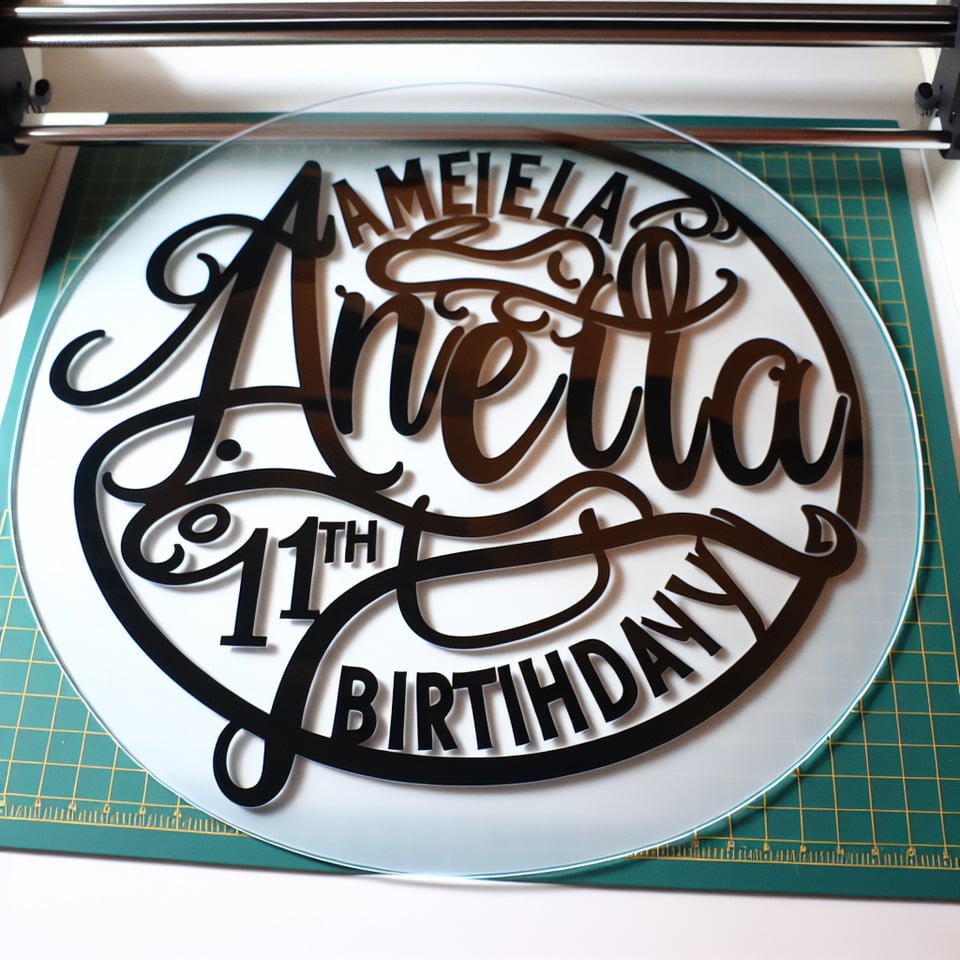 Text Amelia's 11th Birthday SVG file to cut on an circuit for clear round acrylic backdrop text effect image