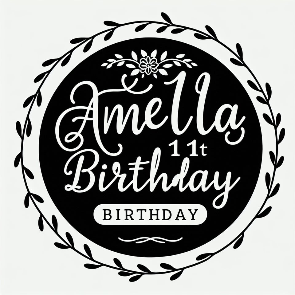 Text Amelia's 11th Birthday nice font with simple round floral vine border in black and white text effect image