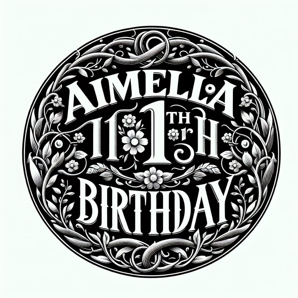 Text Amelia's 11th Birthday nice font with round floral vine border in black and white text effect image