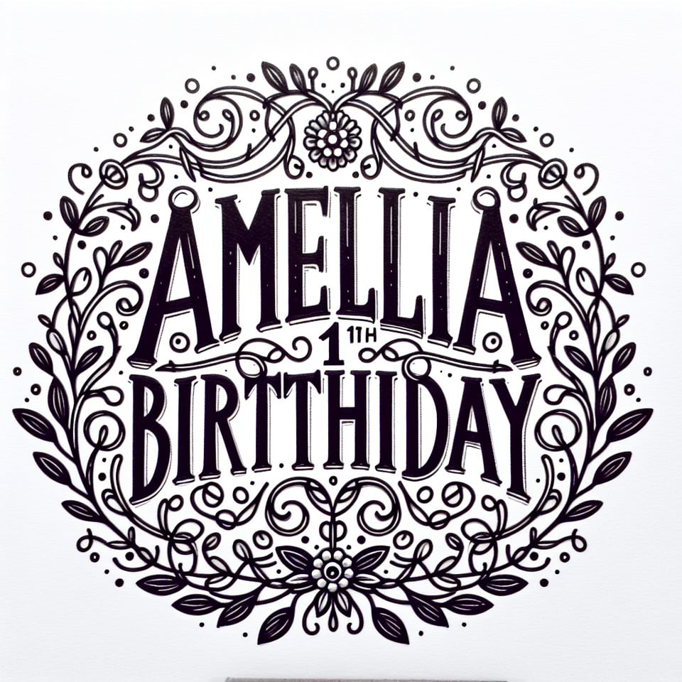 Text Amelia's 11th Birthday nice font with fine round floral vine border in black and white text effect image