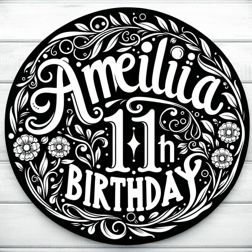 Text Amelia's 11th Birthday nice curvy font with fine round floral vine border in black and white text effect image