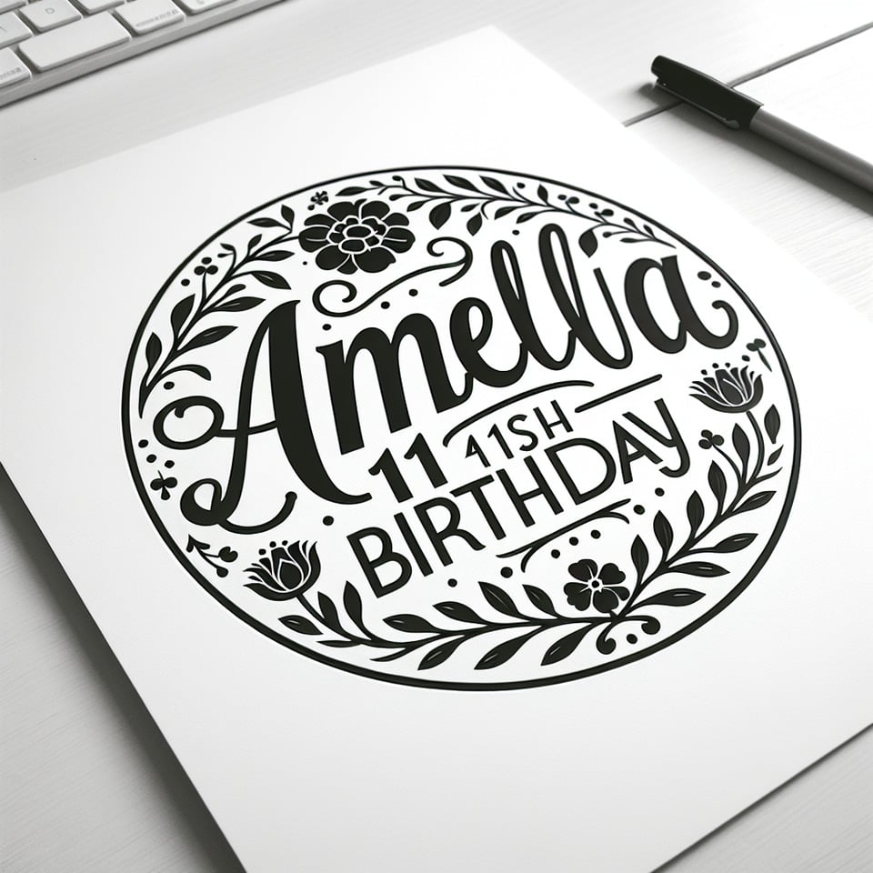 Text Amelia's 11th Birthday nice curvy font with fine round floral vine border in black and white text effect image