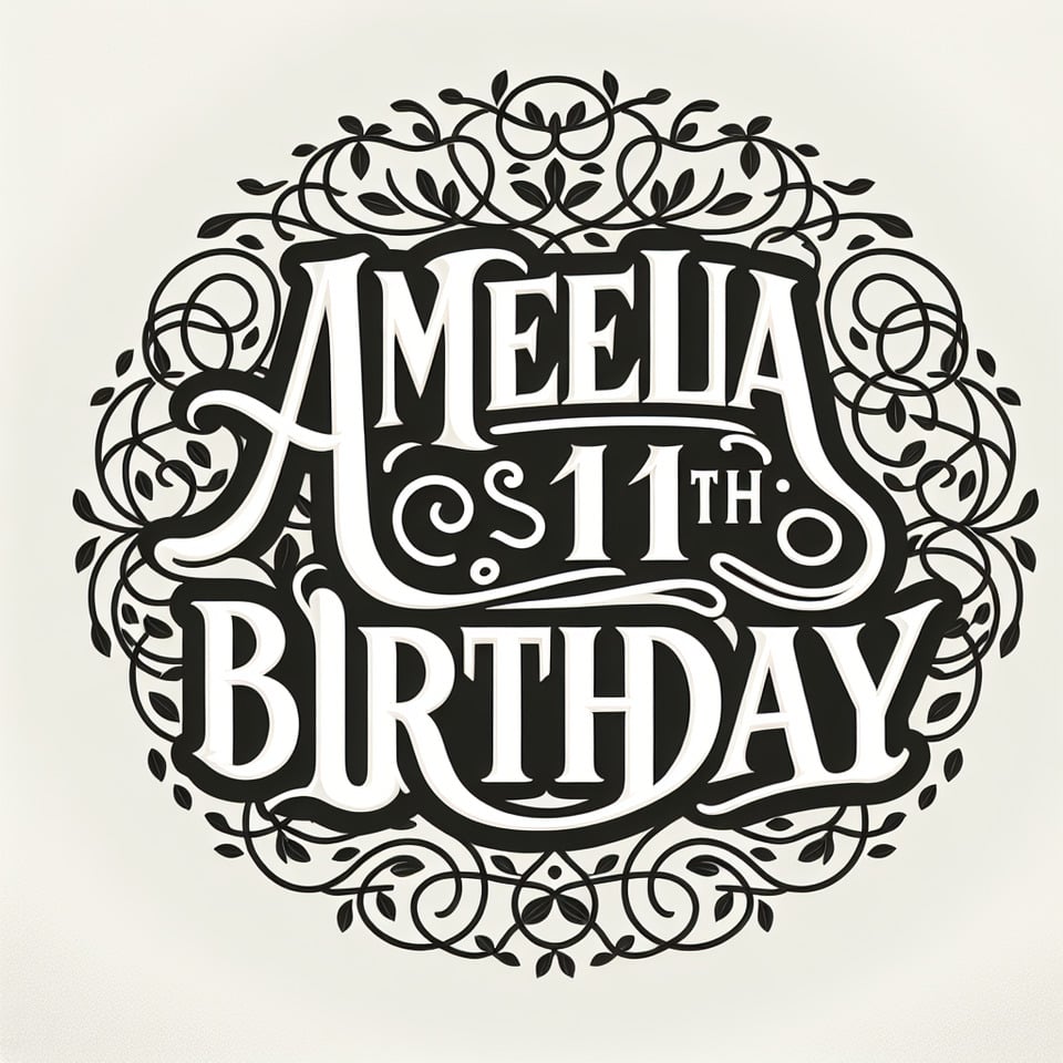Text Amelia's 11th Birthday nice curvy font with fine round floral vine border in black and white text effect image