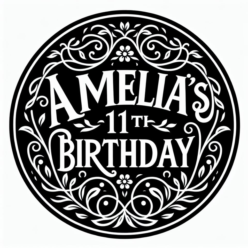 Text Amelia's 11th Birthday nice curvy font with fine round floral vine border in black and white text effect image