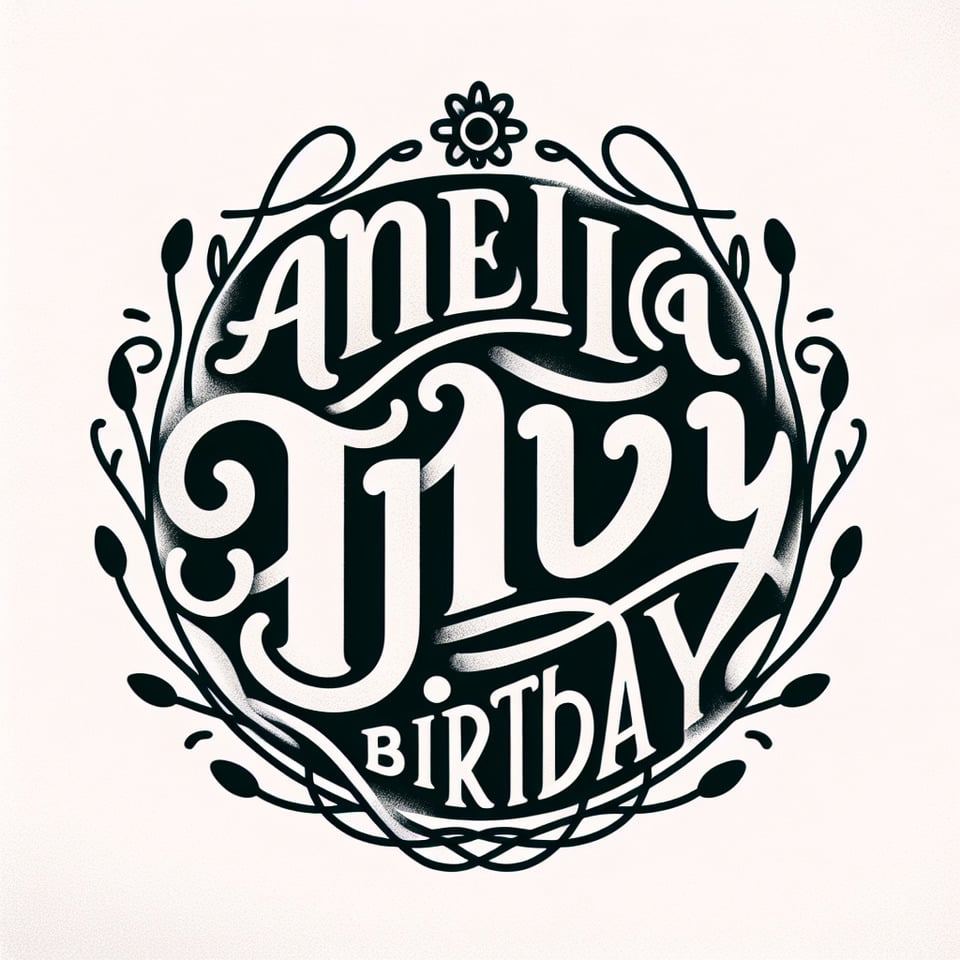 Text Amelia's 11th Birthday nice curvy font with simple fine round floral vine border in black and white text effect image