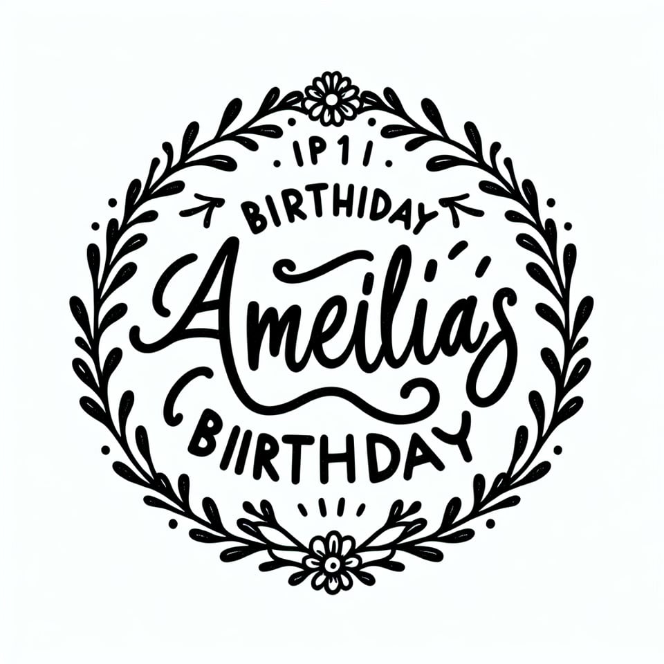 Text Amelia's 11th Birthday nice curvy font for Amelia's and handwriting font for 11th birthday inside a simple fine round floral vine border in black and white text effect image