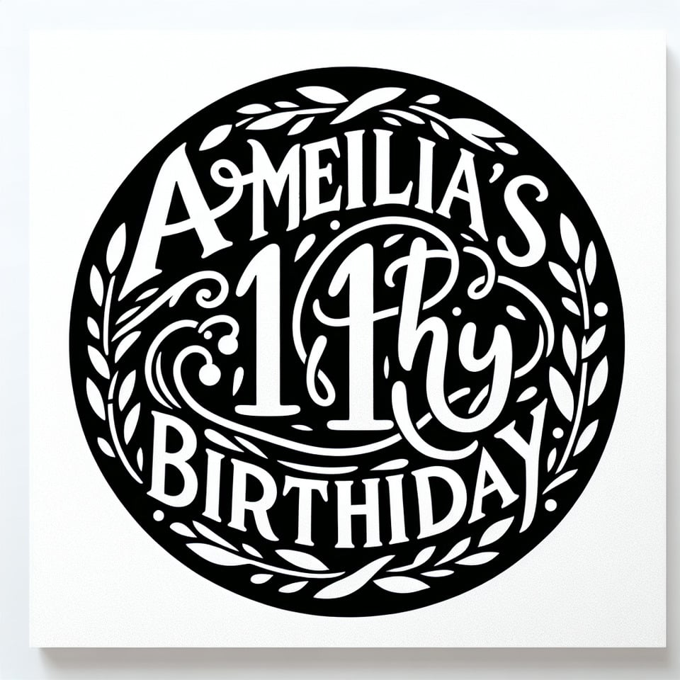 Text Amelia's 11th Birthday nice curvy font for Amelia's and handwriting font for 11th birthday inside a simple fine round floral vine border in black and white text effect image