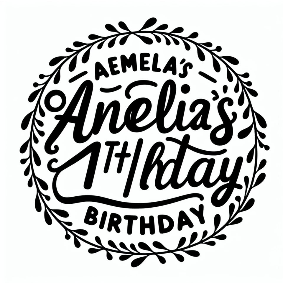 Text Amelia's 11th Birthday nice curvy font for Amelia's and handwriting font for 11th birthday inside a simple fine round floral vine border in black and white text effect image