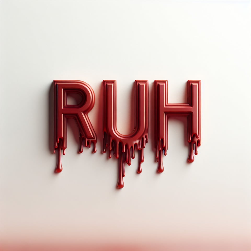 Ruh written in dripping text which looks subtle in deep red colour on a plain white background text effect image