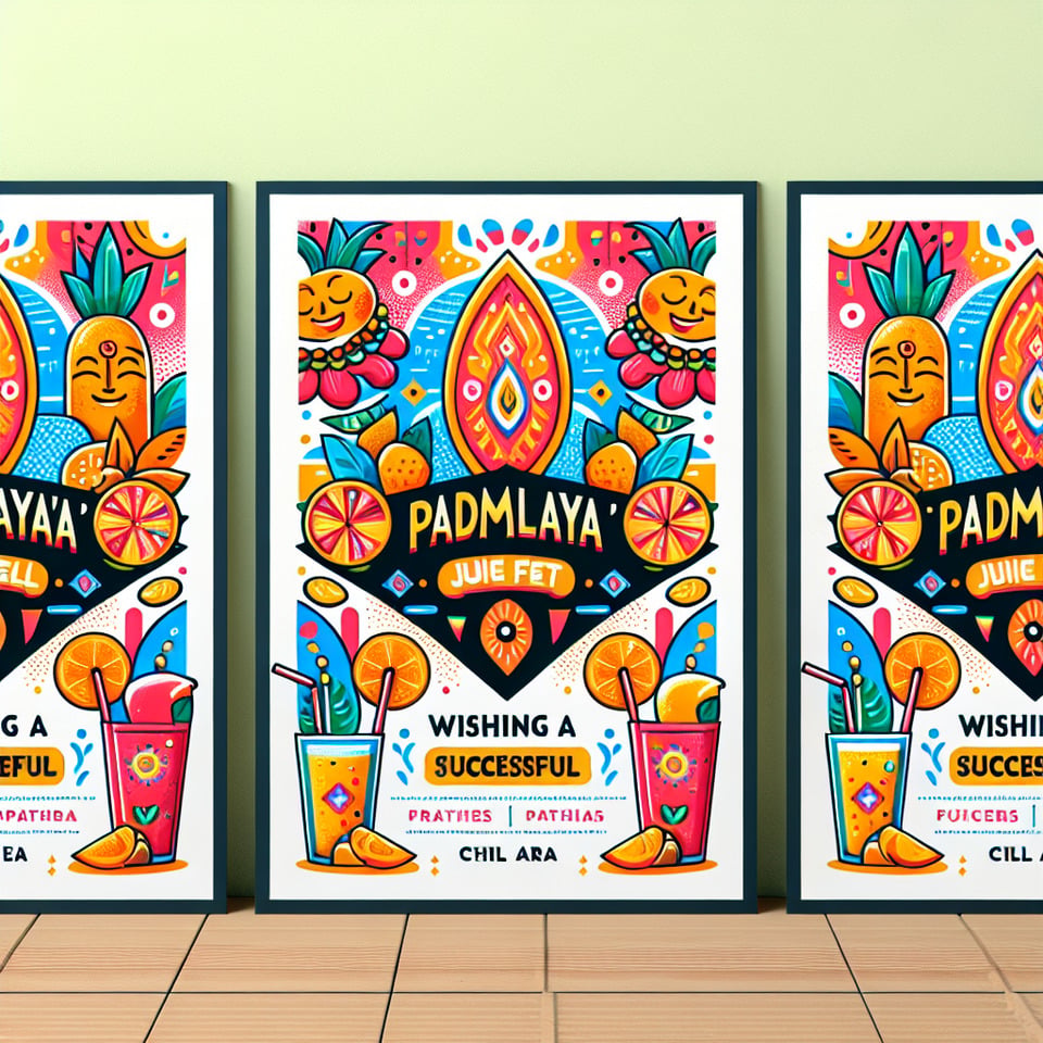 a horizontal juice stall poster having the main heading of PADMALAYA'S and having secondary heading of WISHING A SUCCESSFUL FEST and third heading CHILL AREA text effect image
